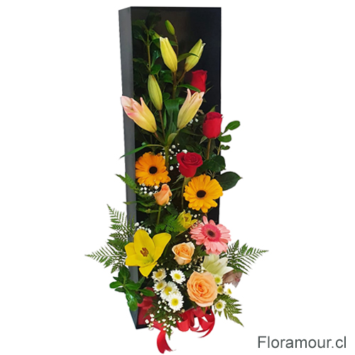Sensacional caja vertical abierta con rosas, liliums, gerberas y complementos.